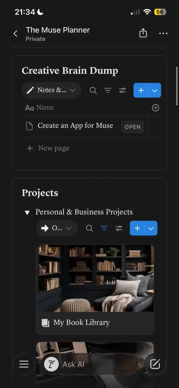 The Creative Brain Dump and Personal & Business Projects in the planner on a phone