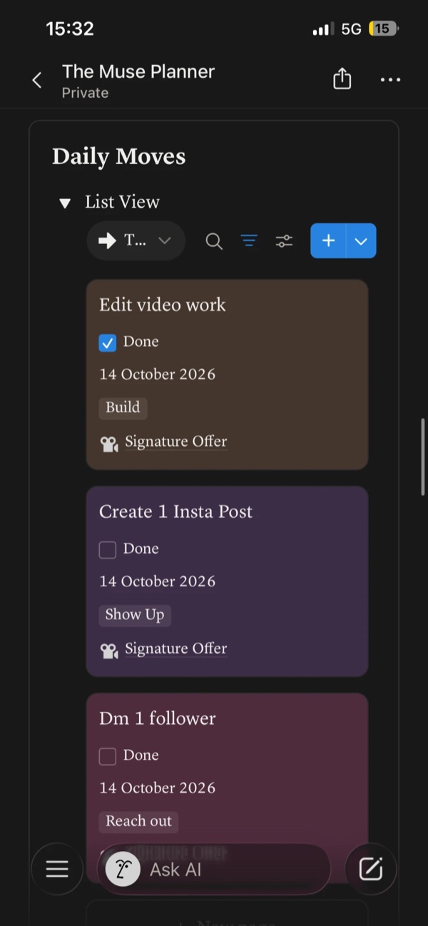 Daily Moves in the planner on a phone: Edit video work (Build), Create 1 Insta post (Show up), DM 1 follower (Reach out)